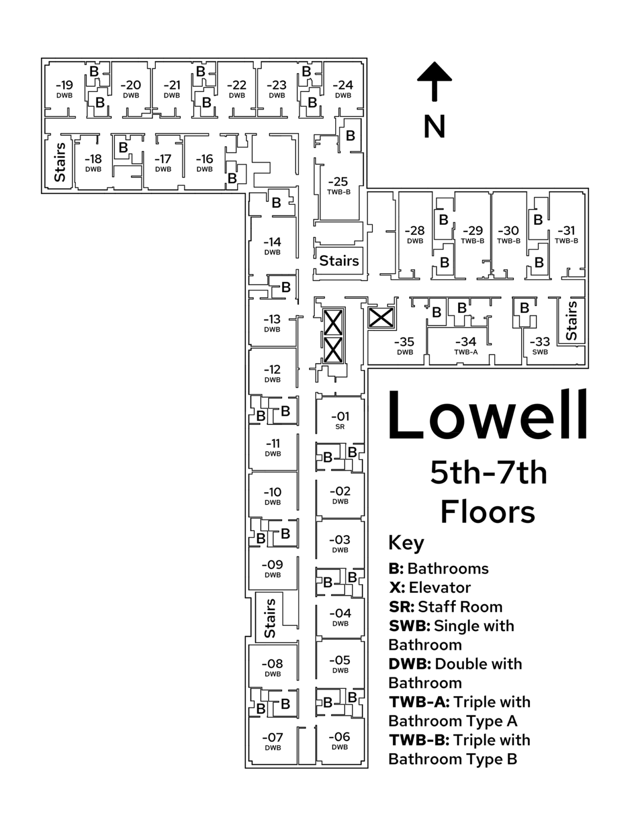 A floor plan image of Lowell's 5th – 7th floors.