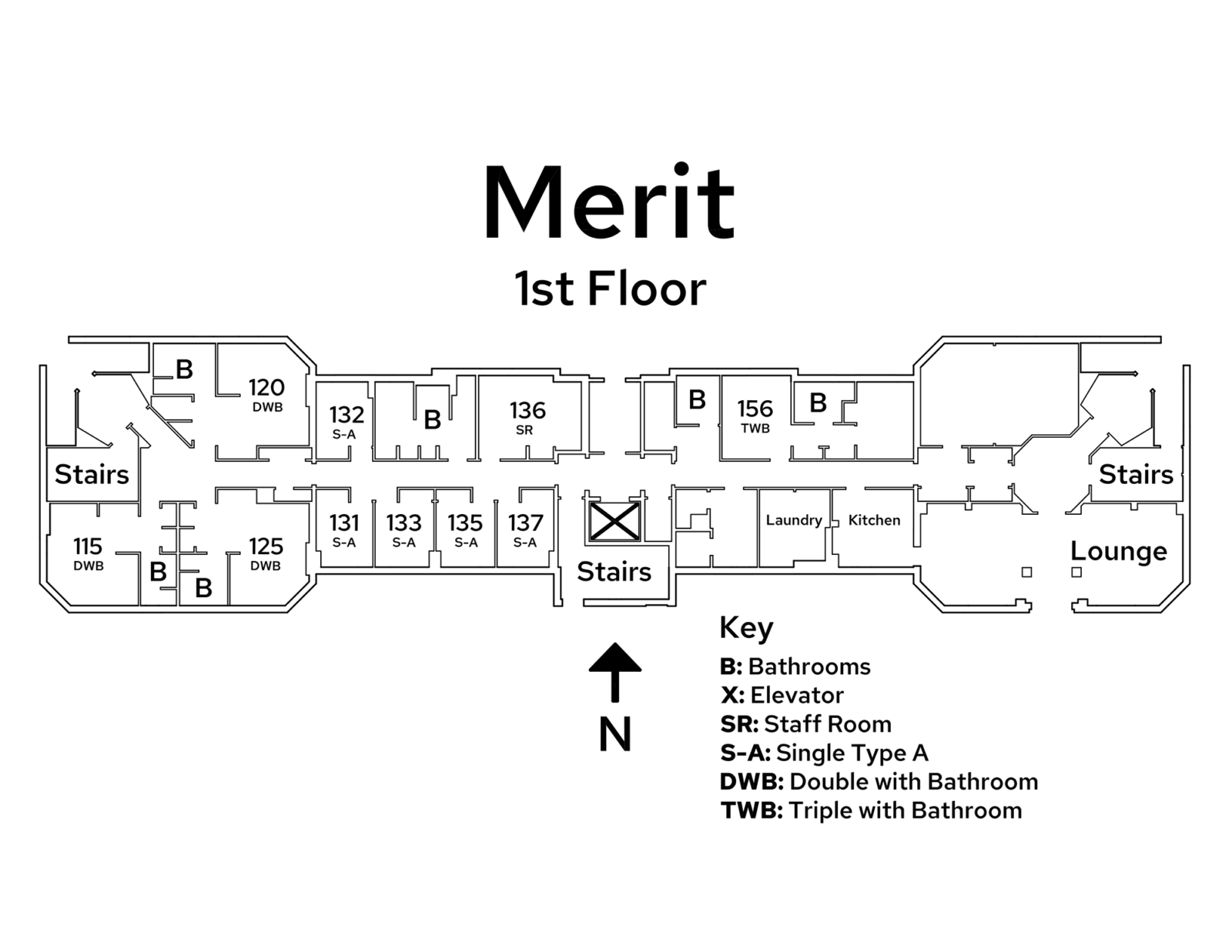A floor plan image of Merit Residence Hall's 1st floor.