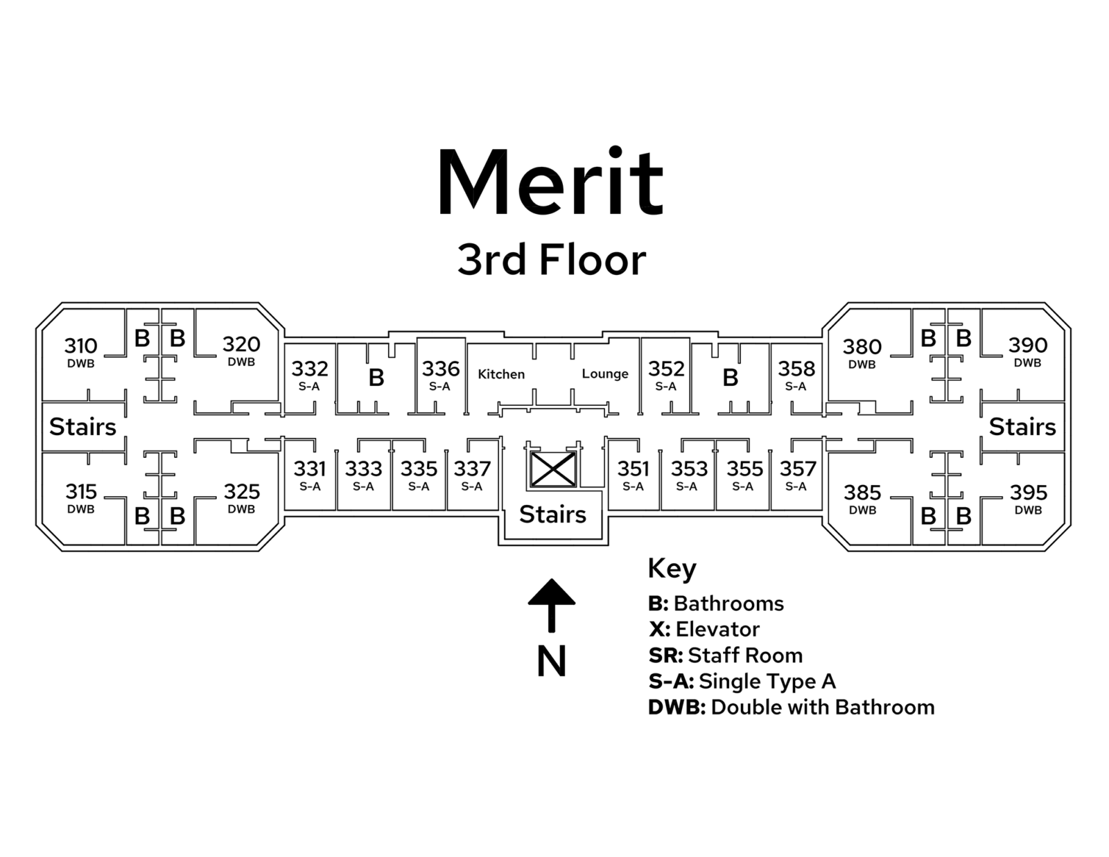 A floor plan image of Merit Residence Hall's 3rd floor.