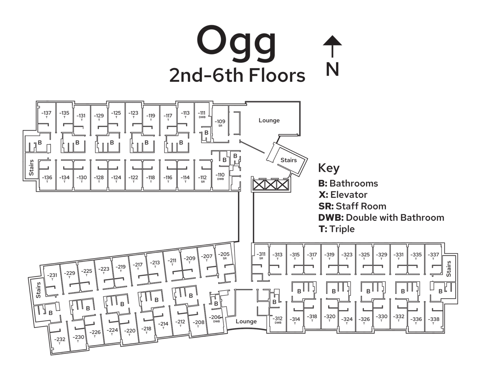 A floor plan image of Ogg Residence Hall's 2nd – 6th floors.