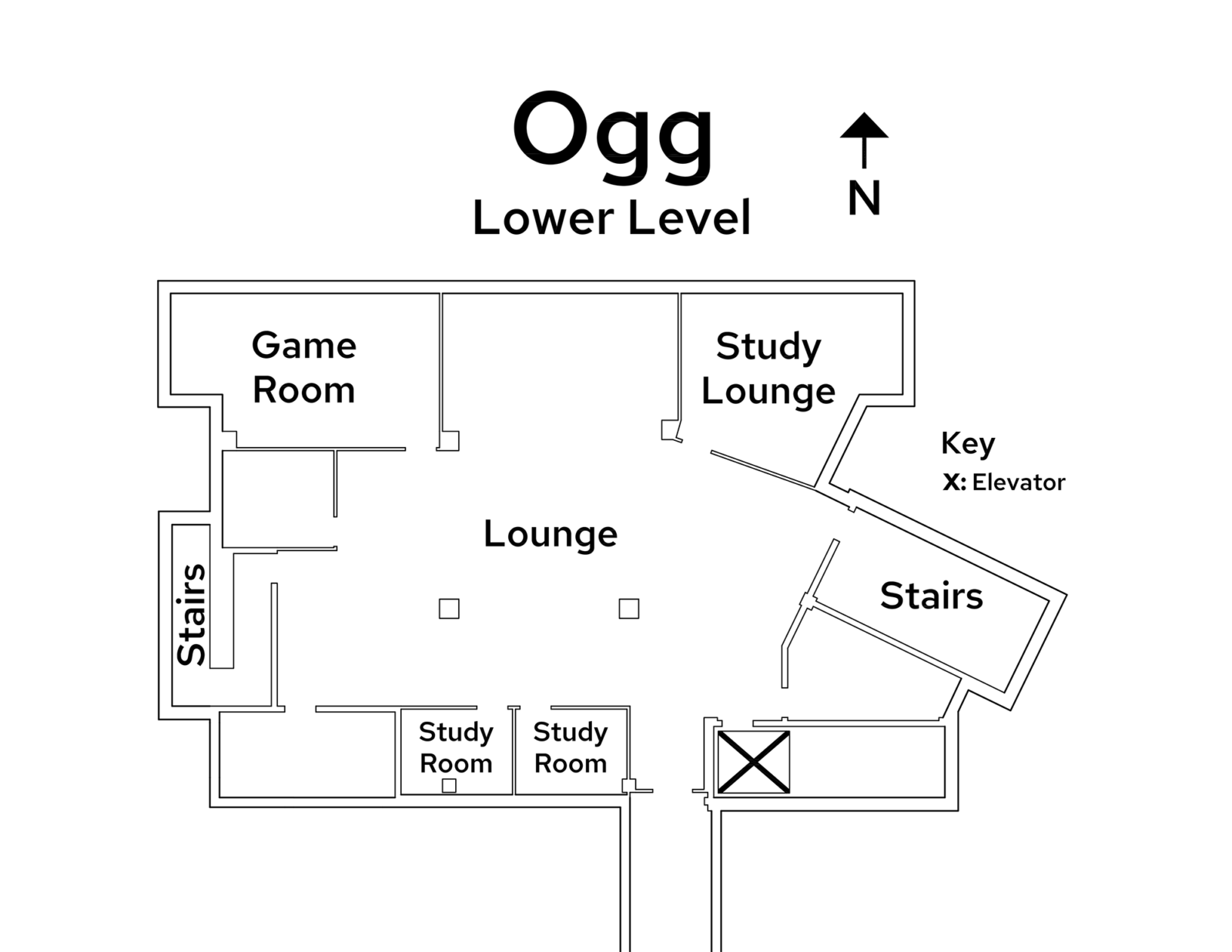 A floor plan image of Ogg Residence Hall's lower level.