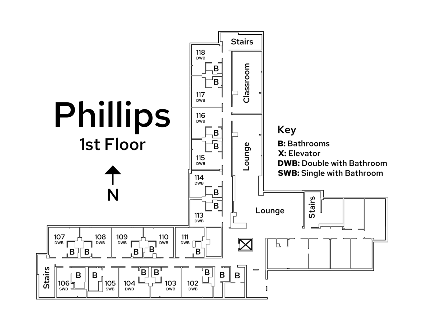 A floor plan image of Phillips Residence Hall's 1st floor.