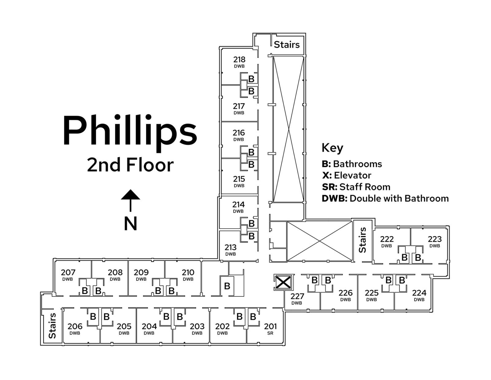 A floor plan image of Phillips Residence Hall's 2nd floor.