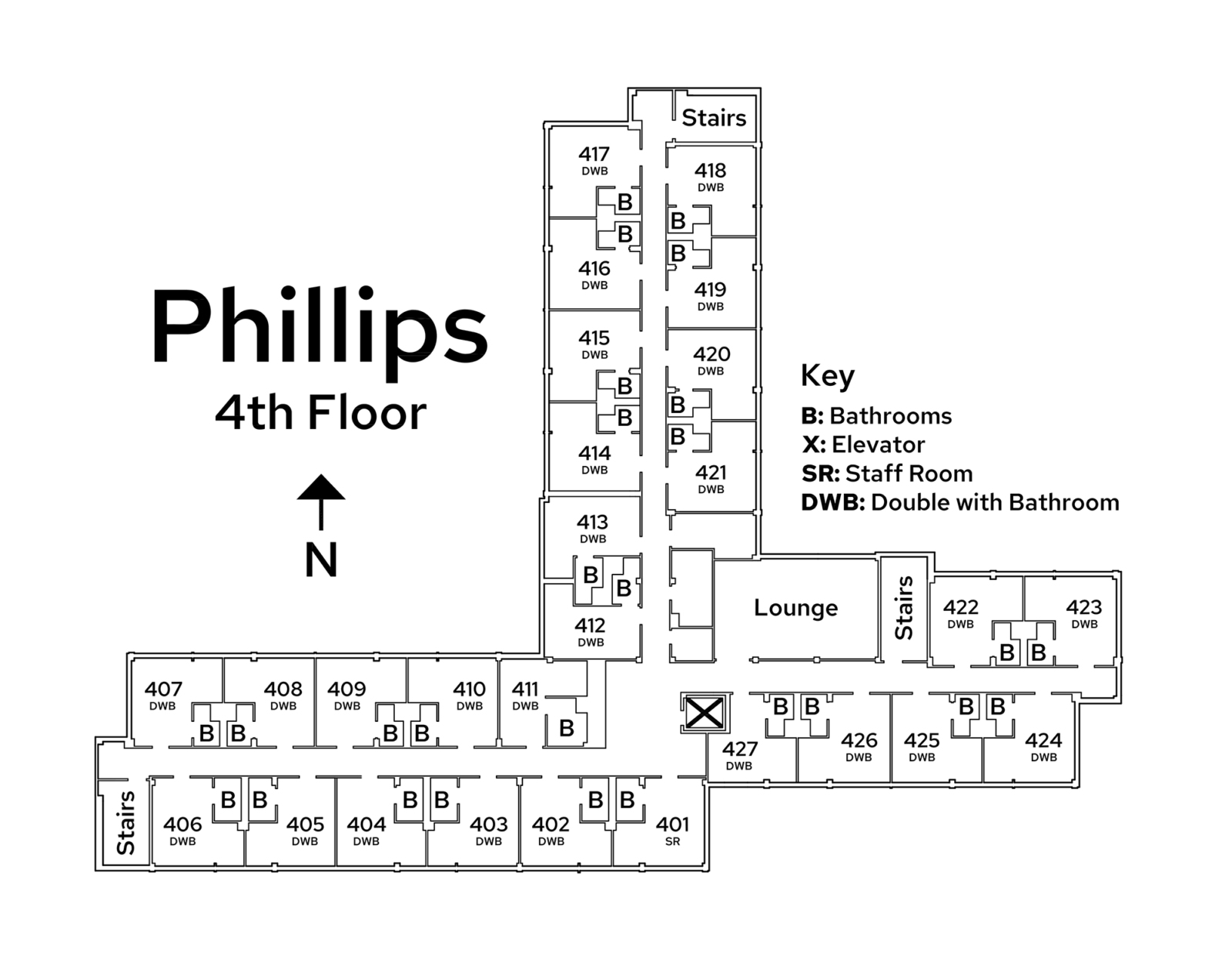 A floor plan image of Phillips Residence Hall's 4th floor.