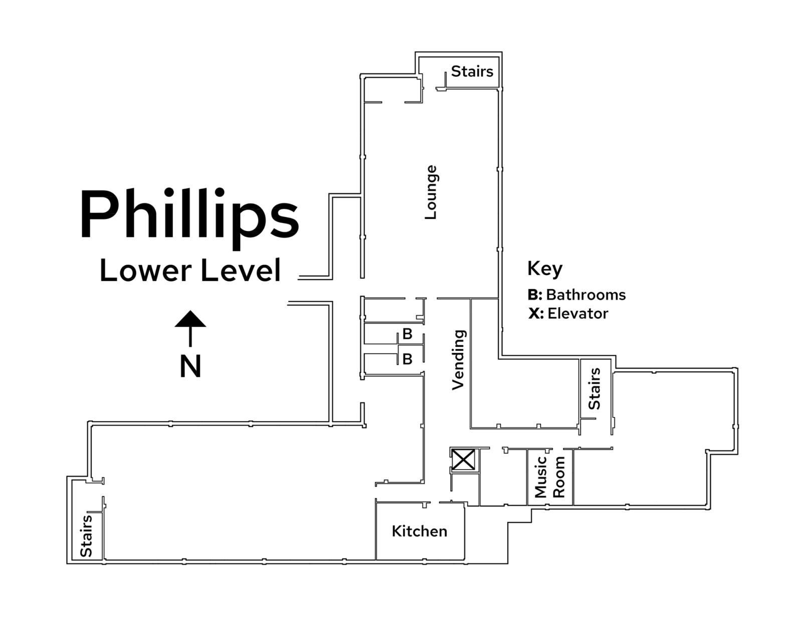 A floor plan image of Phillips Residence Hall's lower level.