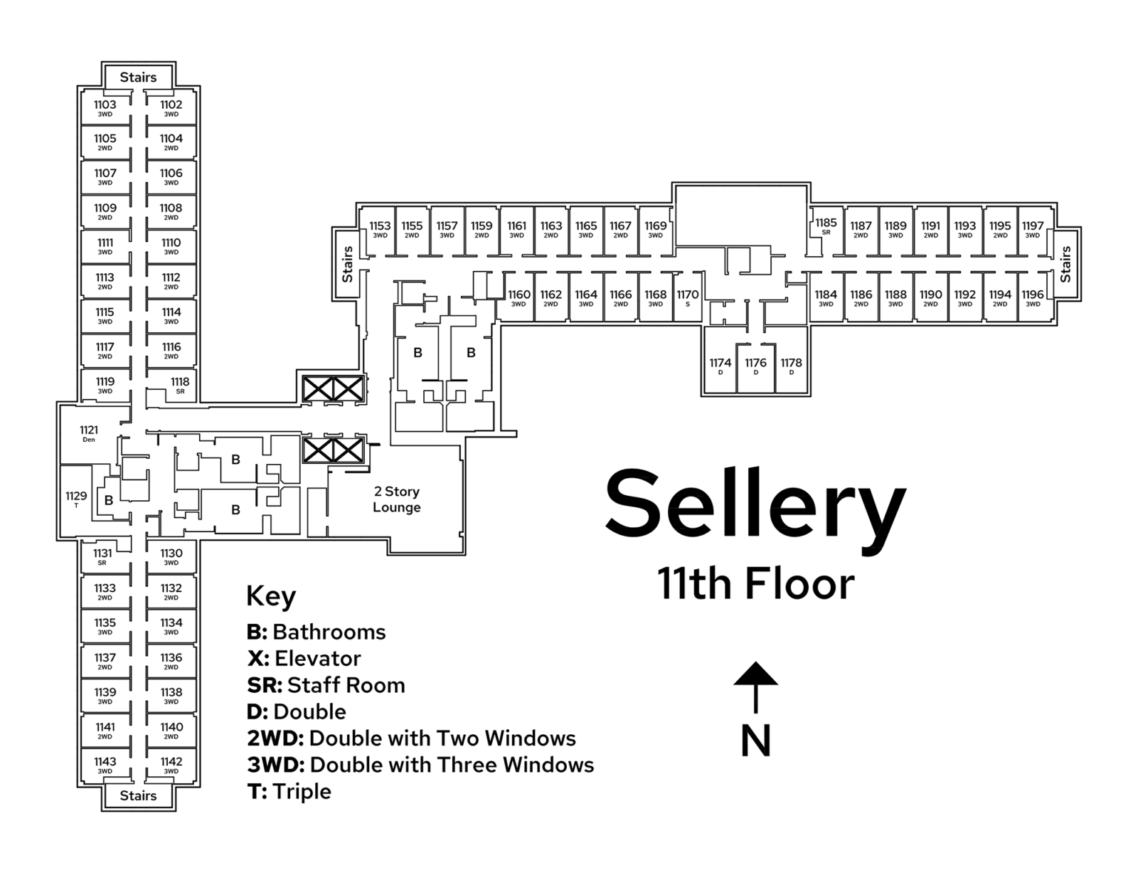 A floor plan image of Sellery Residence Hall's 11th floor.