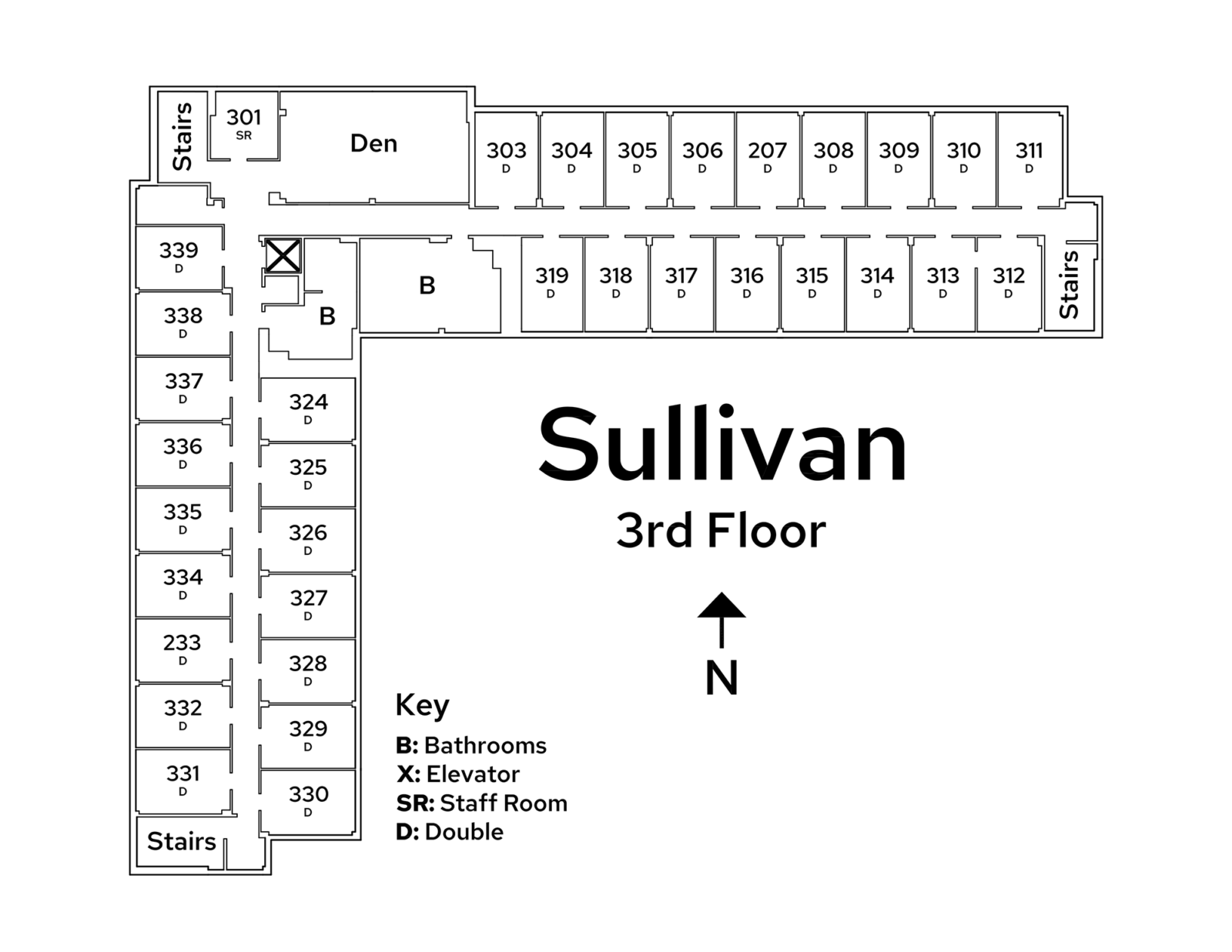 A floor plan image of Sullivan Residence Hall's 3rd floor.