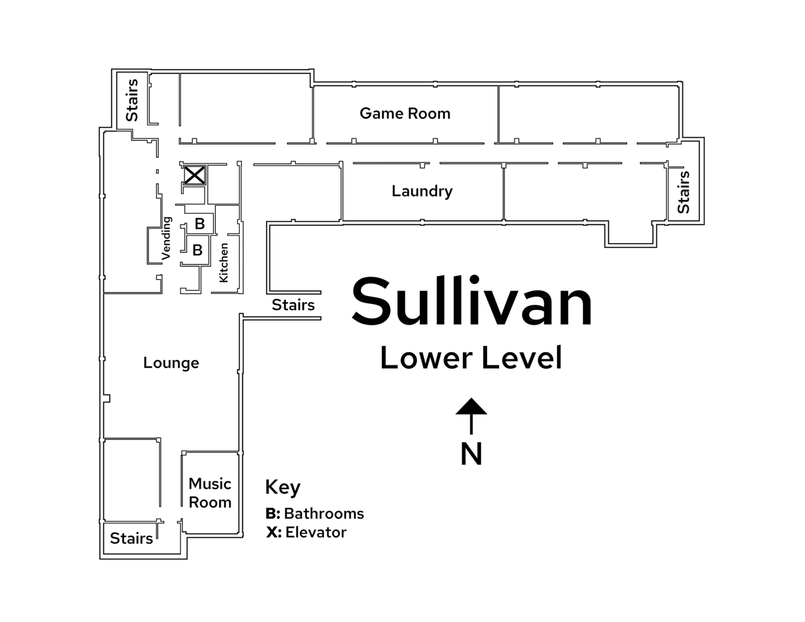 A floor plan image of Sullivan Residence Hall's lower level.