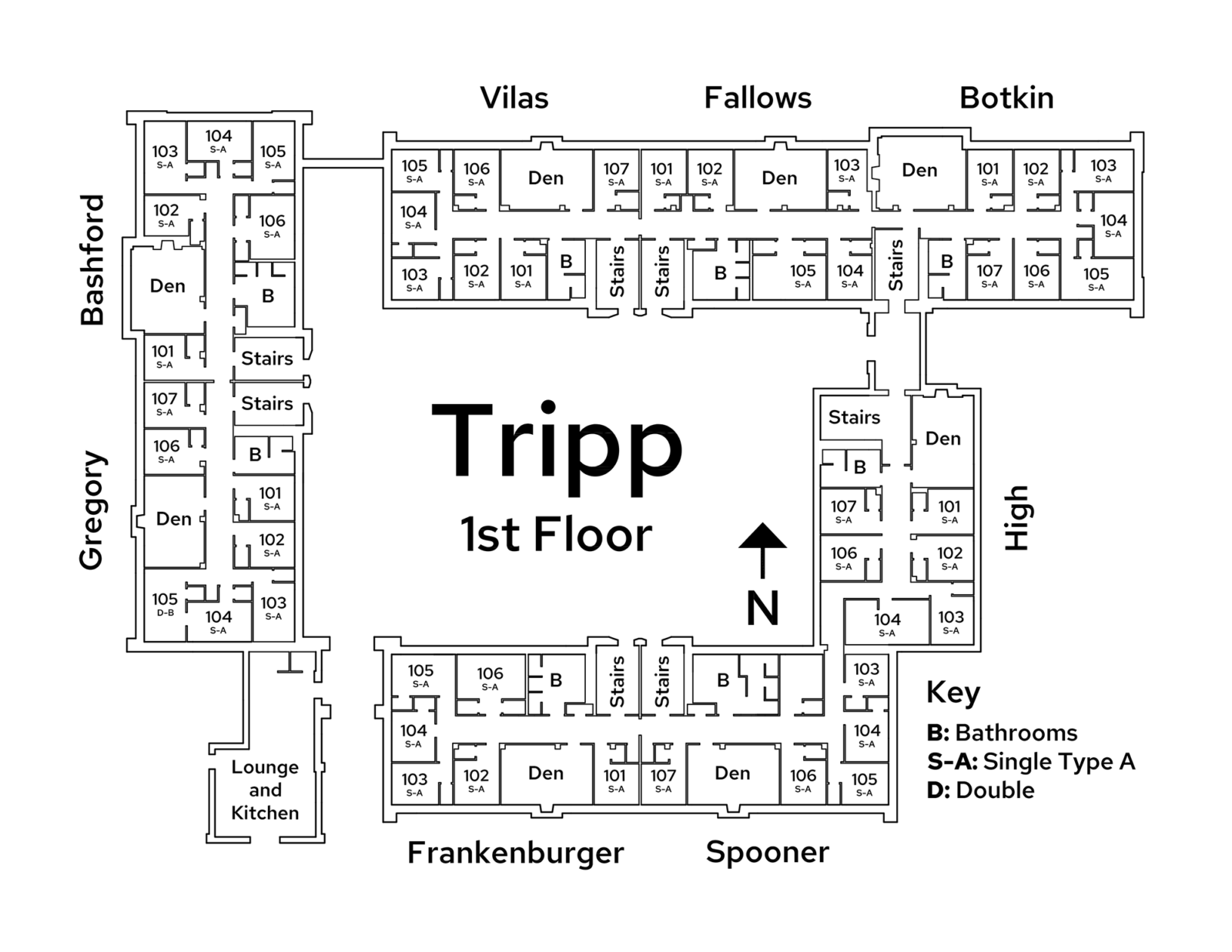 A floor plan image of Tripp Residence Hall's 1st floor.