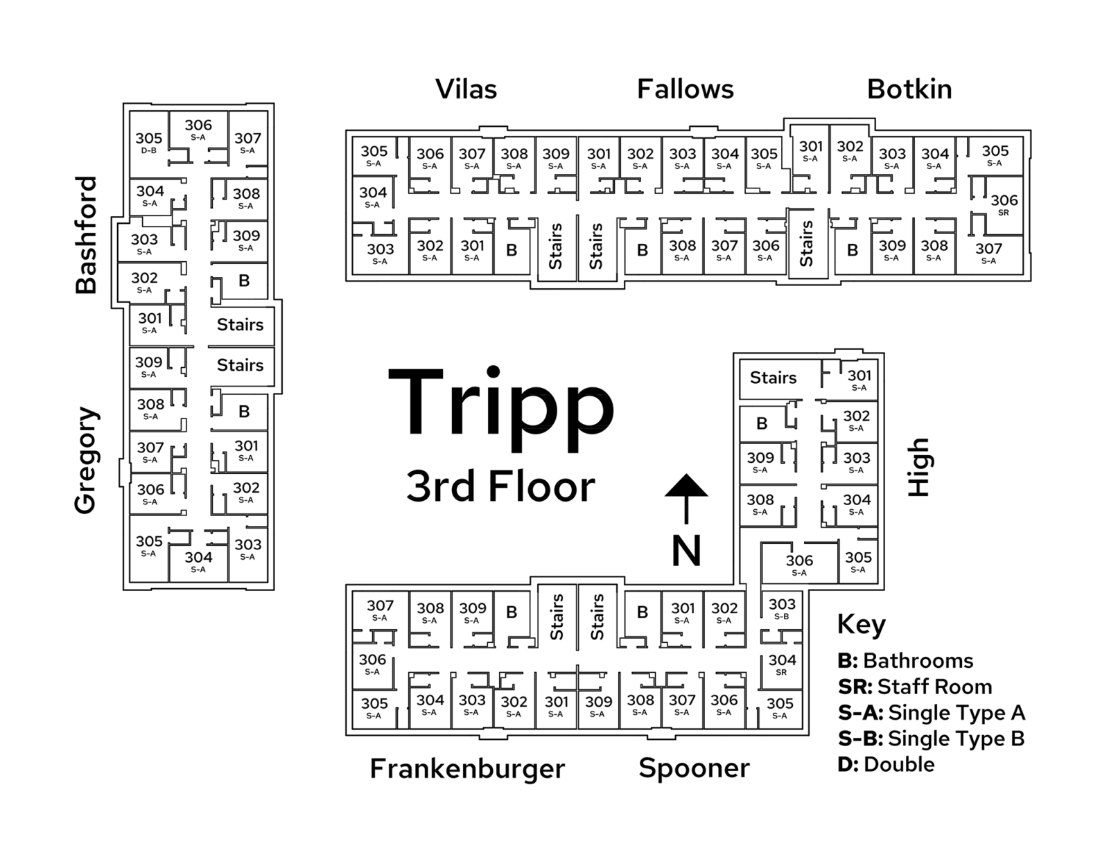 A floor plan image of Tripp Residence Hall's 3rd floor.