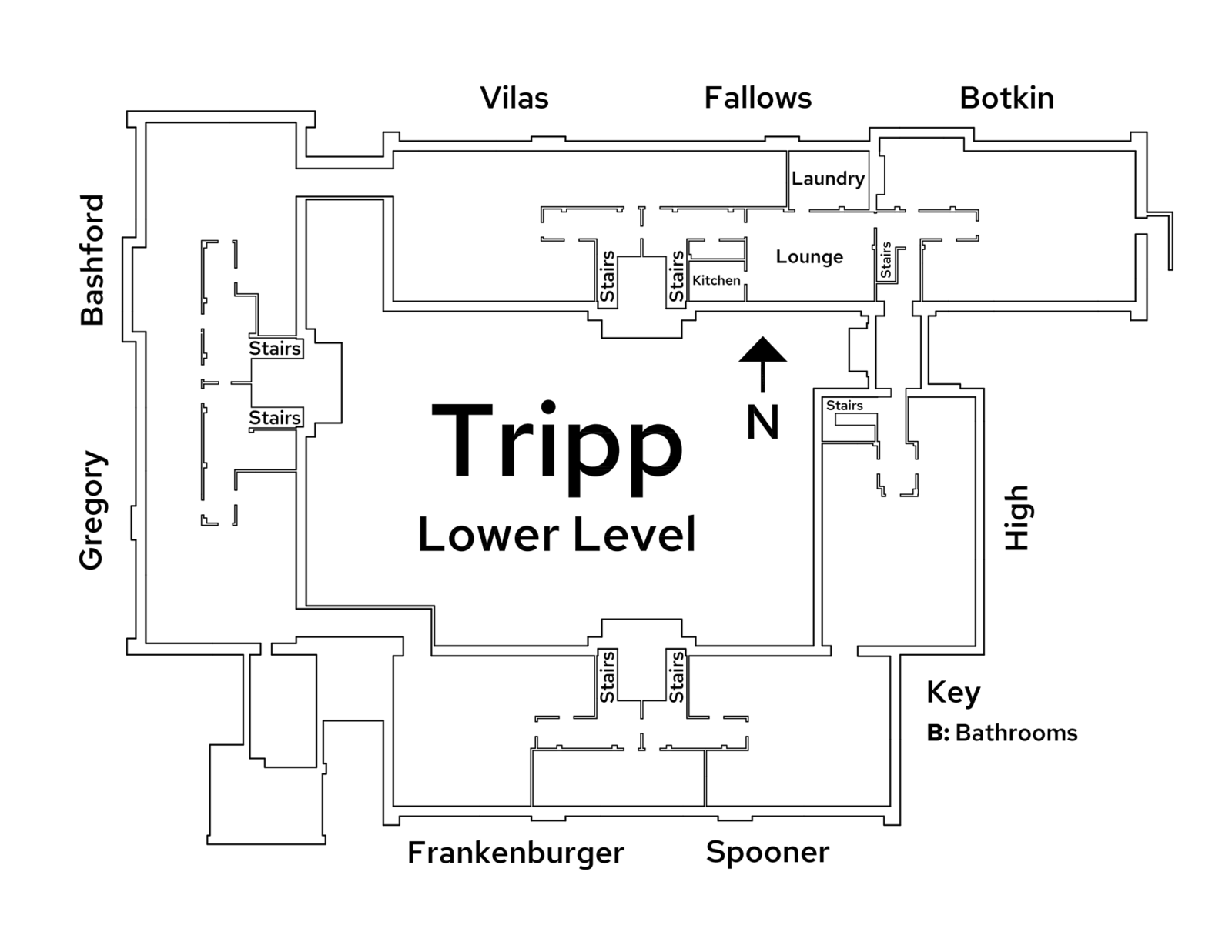 A floor plan image of Tripp Residence Hall's lower level.