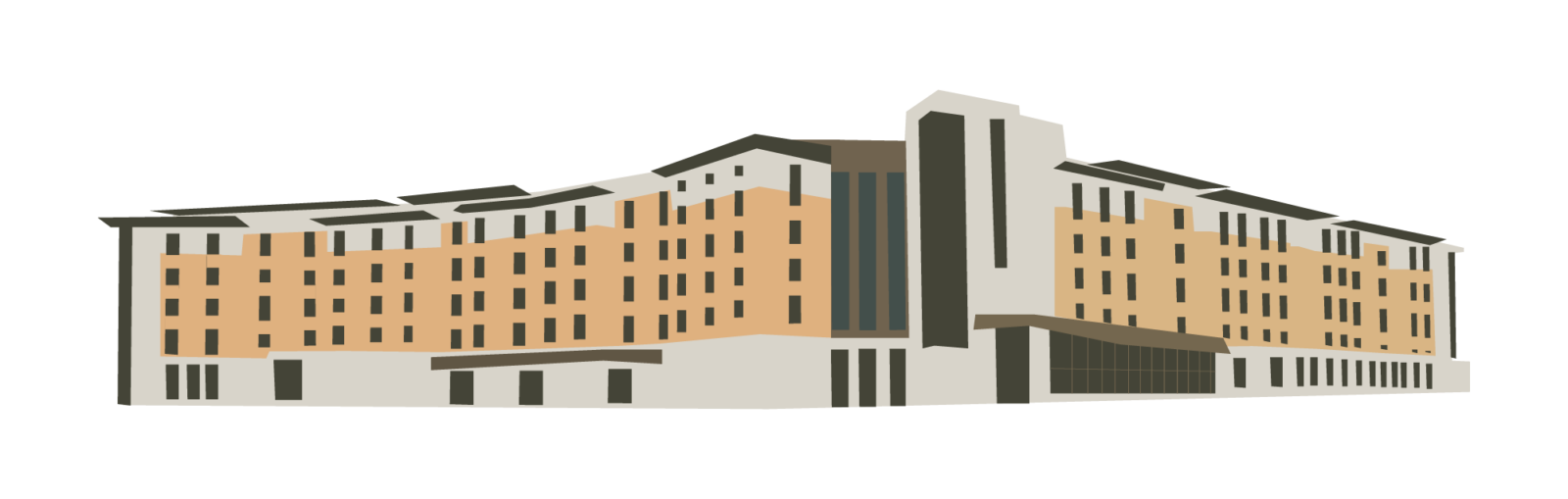 A line art drawing of Dejope Residence Hall