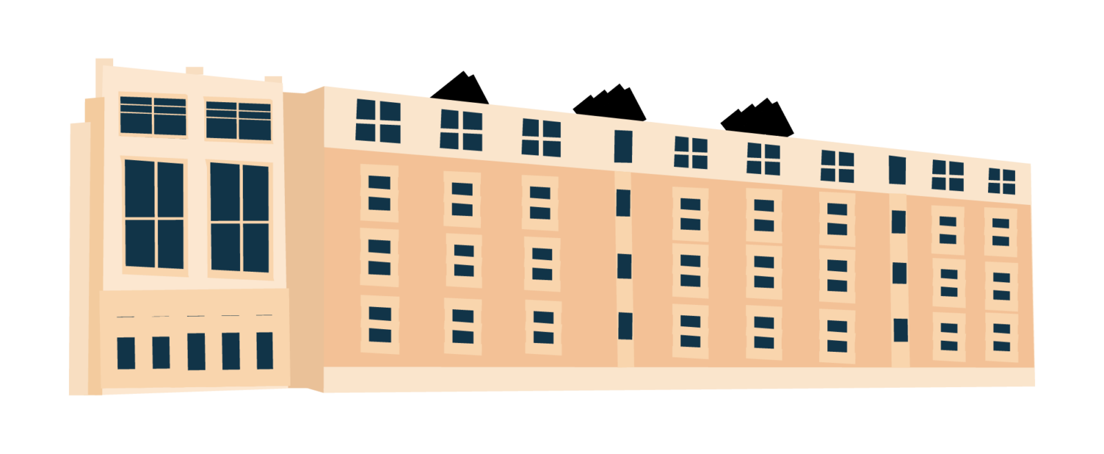 A line art drawing of Leopold Residence Hall