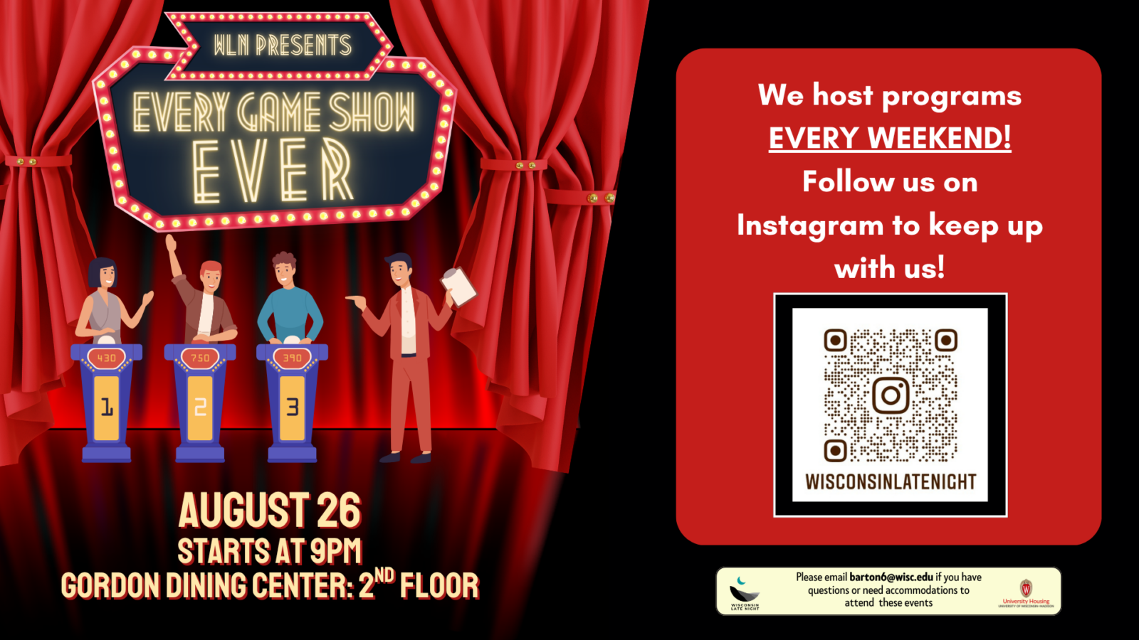 wisconsin late night graphic flyer with details for the every game show ever event