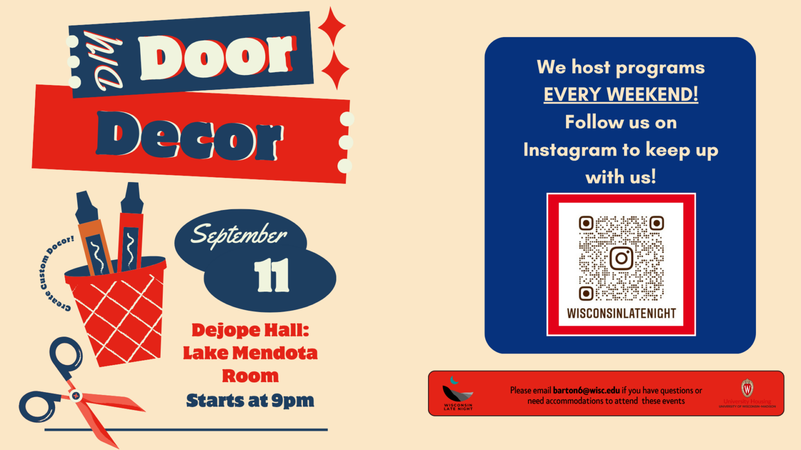 wisconsin late night diy door decor event flyer