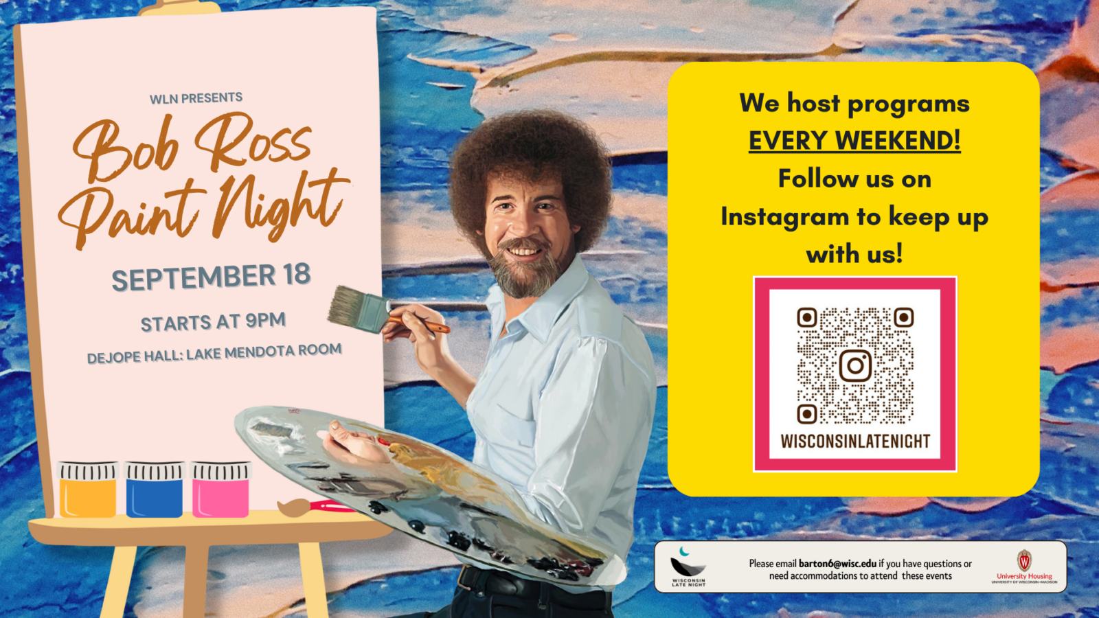 wisconsin late night Bob Ross paint night event flyer