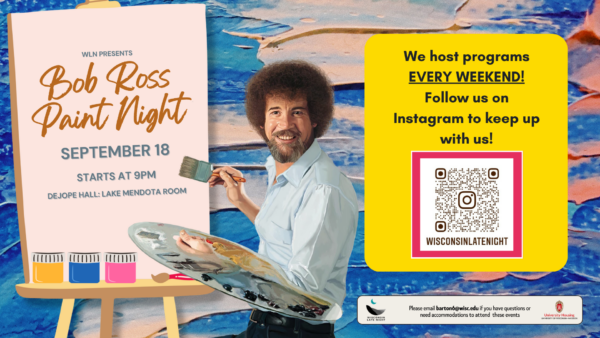 wisconsin late night Bob Ross paint night event flyer