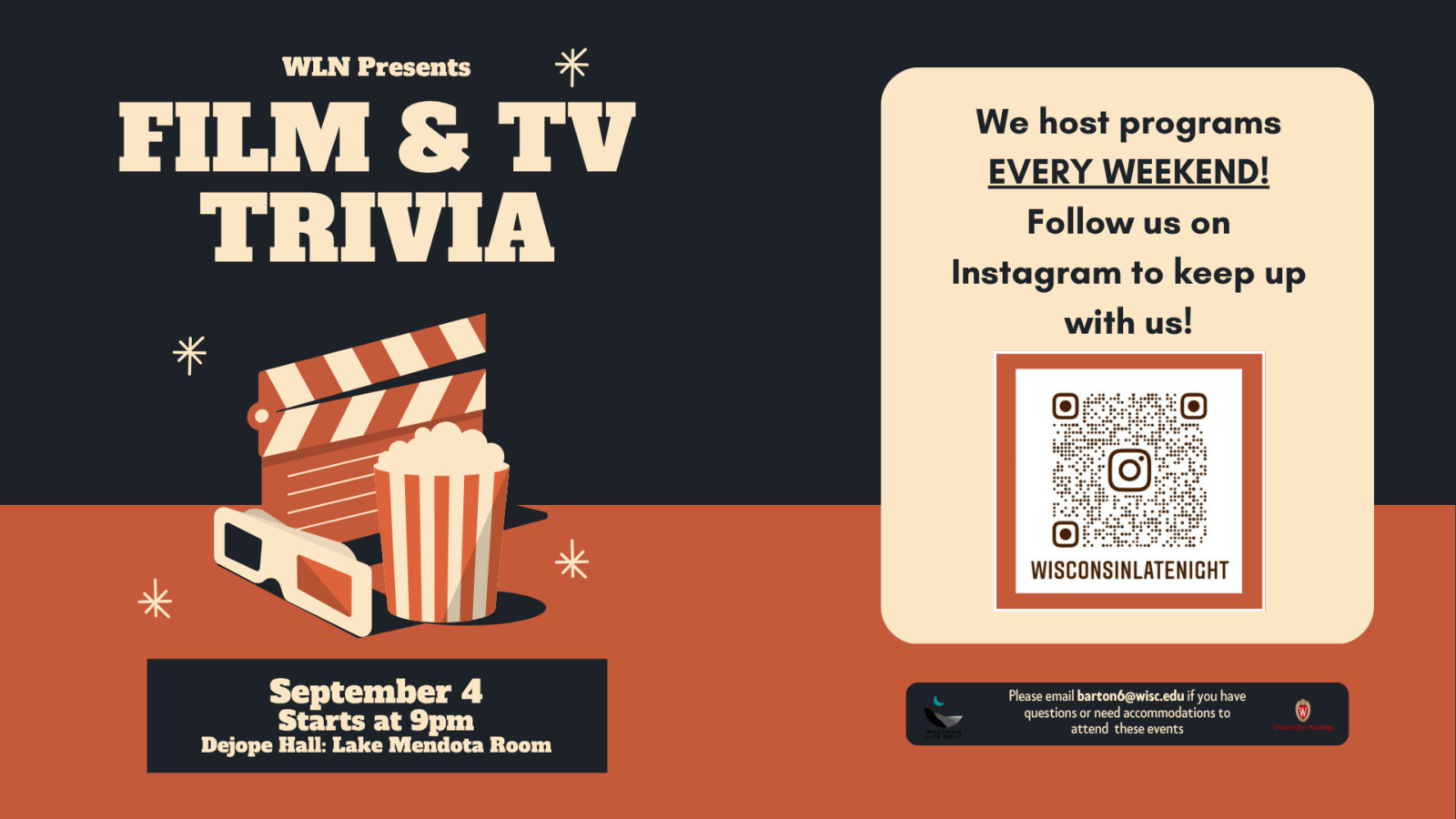 wisconsin late night digital event flyer for film and tv trivia