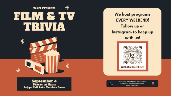 wisconsin late night digital event flyer for film and tv trivia