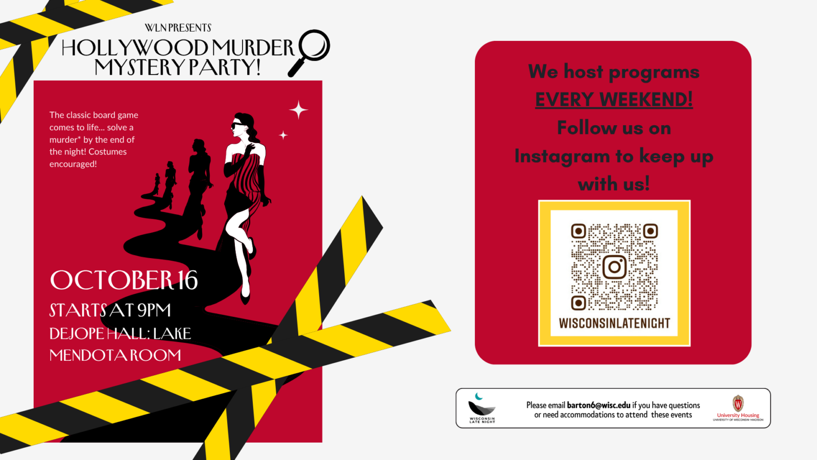 wisconsin late night celebrity murder mystery digital event flyer