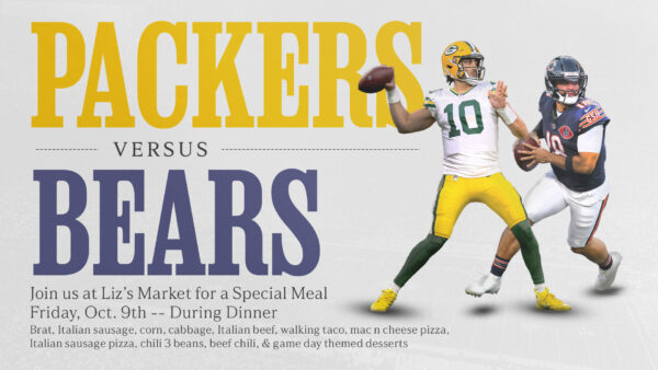 Packers vs Bears themed dinner at Liz's Market special event design