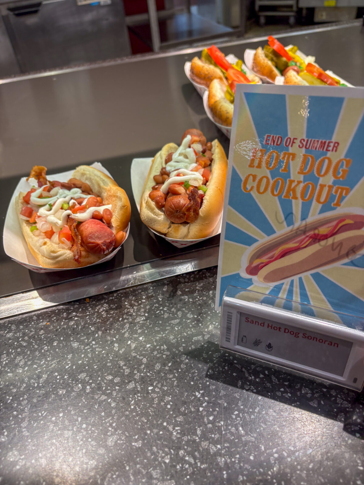 Sonoran Hot Dogs with line sign