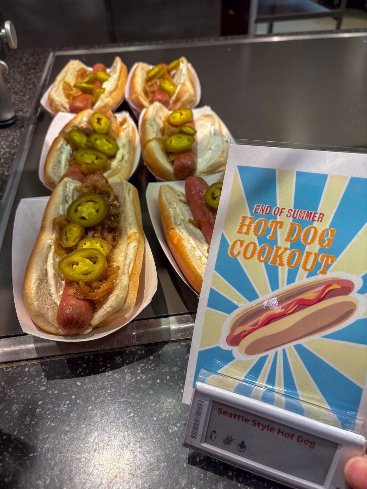 Seattle Style Hot Dogs with line sign