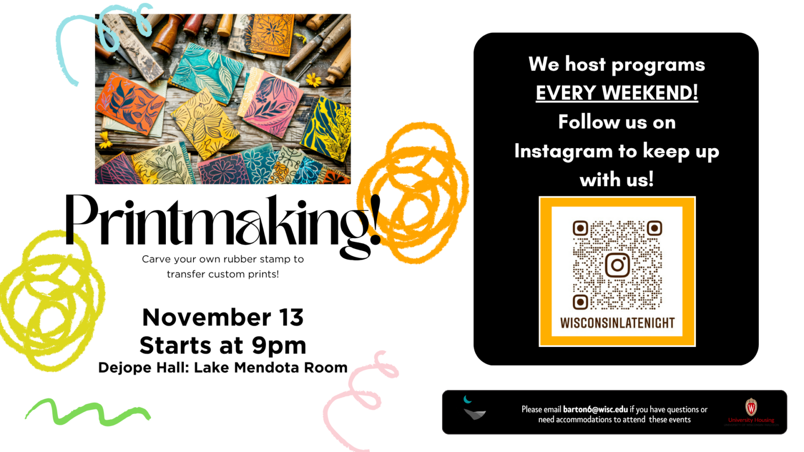 wisconsin late night printmaking digital event flyer