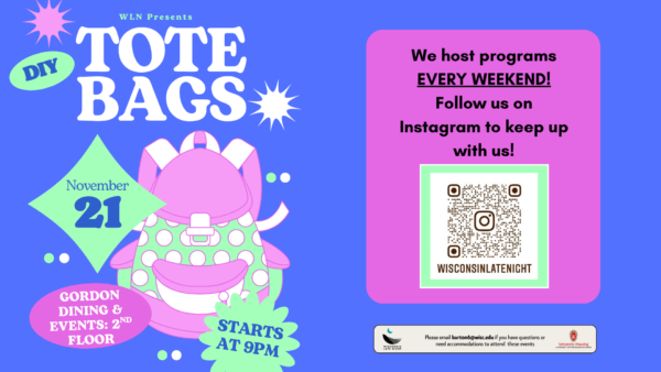 wisconsin late night DIY tote bags digital event flyer