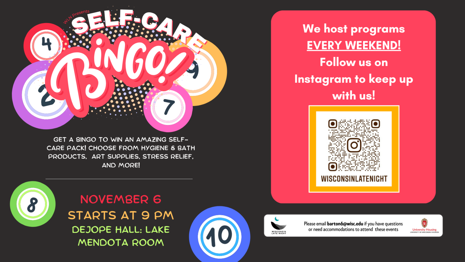 wisconsin late night digital event flyer for self care bingo night