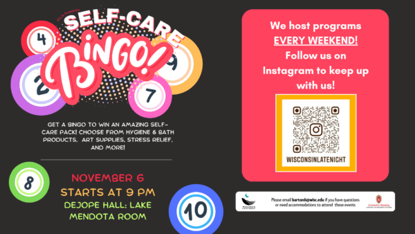 wisconsin late night digital event flyer for self care bingo night